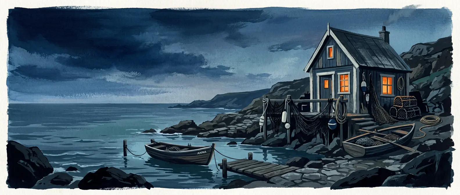 Painted fisherman's house on a rocky harbour at blue hour, windows glowing orange